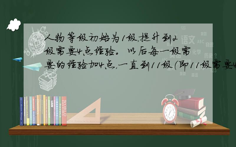 人物等级初始为1级，提升到2级需要4点经验。以后每一级需要的经验加4点，一直到11级（即11级需要40经验）；以后每一级需要的经验加6点，一直到21级（即21级需要100经验）；以后每一级需