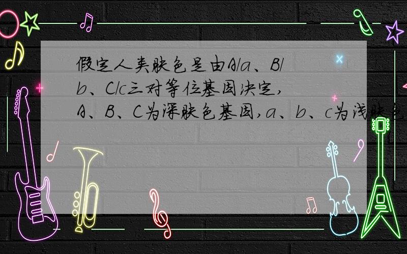 假定人类肤色是由A/a、B/b、C/c三对等位基因决定,A、B、C为深肤色基因,a、b、c为浅肤色基因；A对a、B对b、C对c都表现为不完全显性,三对基因对肤色作用的程度相同,且每对基因以微效、累积的