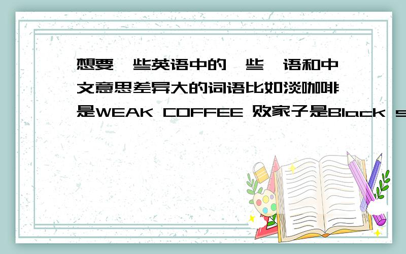 想要一些英语中的一些俚语和中文意思差异大的词语比如淡咖啡是WEAK COFFEE 败家子是Black sheep还有一些食品名是和中文直接翻译是有区别的希望列举一些这样的词