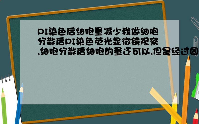 PI染色后细胞量减少我做细胞分散后PI染色荧光显微镜观察,细胞分散后细胞的量还可以,但是经过固定,洗,PI染色,再洗之后只有极少的细胞,激发后还没有荧光.请问有经验的高手,PI染色过程需要