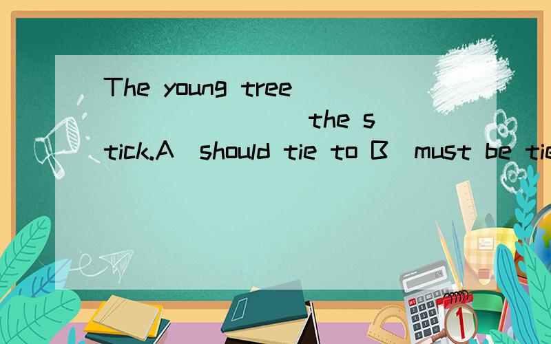 The young tree _______ the stick.A．should tie to B．must be tie by C．should be tied to D．can be选什么,并说明原因