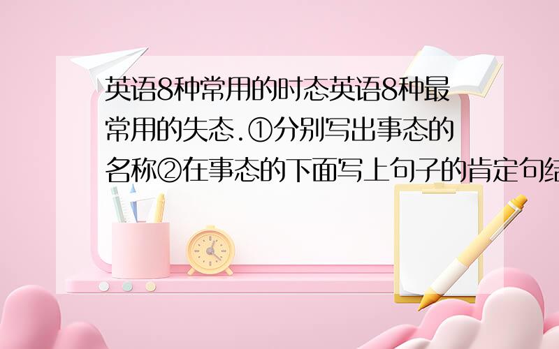 英语8种常用的时态英语8种最常用的失态.①分别写出事态的名称②在事态的下面写上句子的肯定句结构（只要肯定的）③最好是自己写的,不多也不难要是在哪复制一大包,我没耐心看,那您还