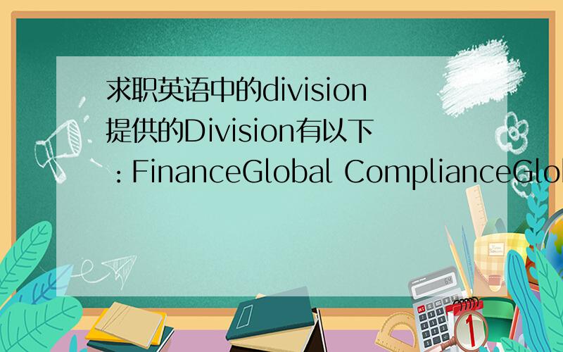 求职英语中的division提供的Division有以下：FinanceGlobal ComplianceGlobal Investment ResearchHuman Capital ManagementInvestment Banking/Corporate FinanceInvestment ManagementLegal & Management ControlsMerchant Banking/Private EquityOperat