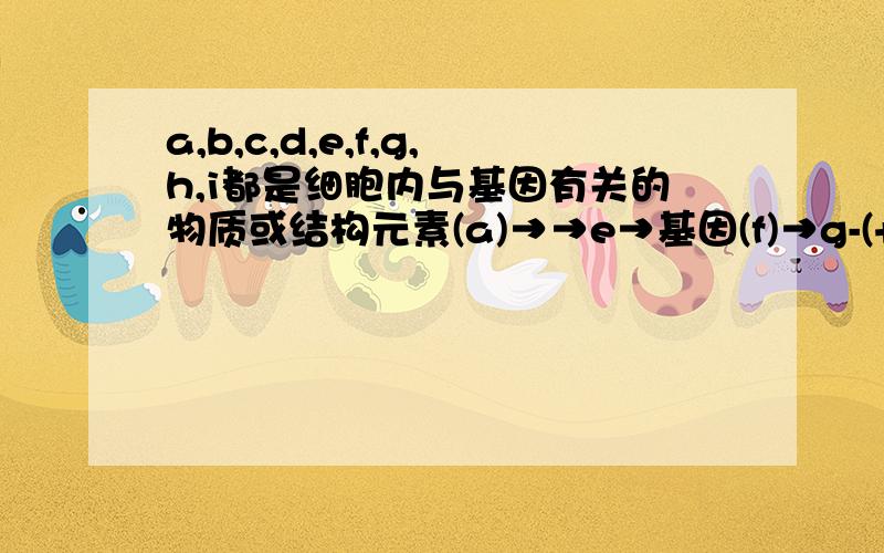 a,b,c,d,e,f,g,h,i都是细胞内与基因有关的物质或结构元素(a)→→e→基因(f)→g-(+h)→i 1.细胞内的遗传物质是< >____.基因与它的关系是_______2.e和g的关系是______,g被彻底水解后的产物可用字母______表