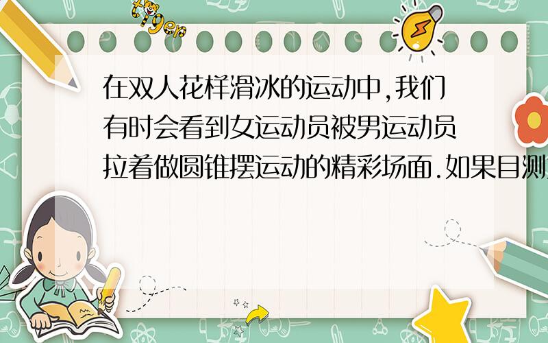 在双人花样滑冰的运动中,我们有时会看到女运动员被男运动员拉着做圆锥摆运动的精彩场面.如果目测女运动员做圆锥摆运动时和竖直方向的夹角为45度,那么她所受到的拉力估计是体重的多