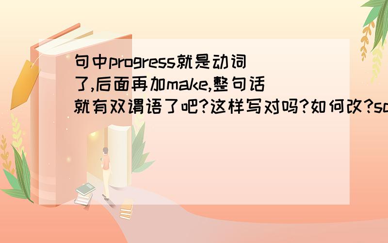 句中progress就是动词了,后面再加make,整句话就有双谓语了吧?这样写对吗?如何改?scientific and technological progress (加上make)contribution to the human society.