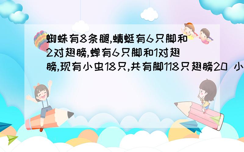 蜘蛛有8条腿,蜻蜓有6只脚和2对翅膀,蝉有6只脚和1对翅膀,现有小虫18只,共有脚118只翅膀20 小动物各几只谢谢!~~~