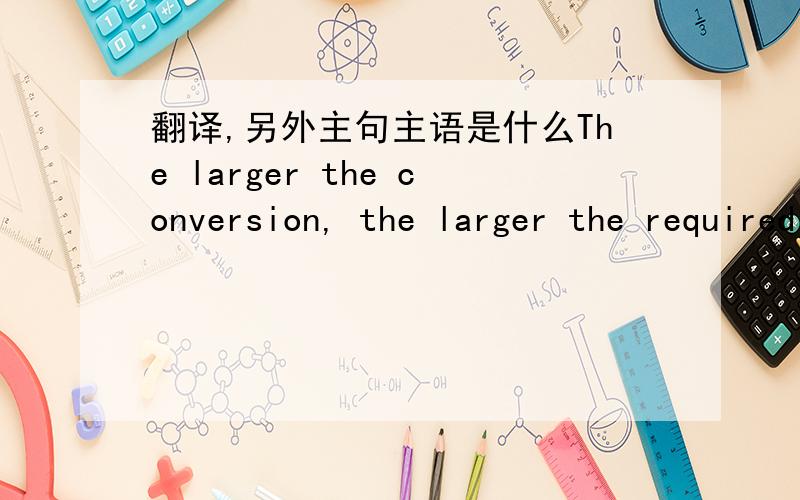 翻译,另外主句主语是什么The larger the conversion, the larger the required condenser heat transfer area ecause more heat of reaction must be removed.请问主句的主语谓语是什么,怎么翻译,谢谢