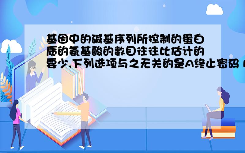 基因中的碱基序列所控制的蛋白质的氨基酸的数目往往比估计的要少,下列选项与之无关的是A终止密码 B起始密码 C内含子 D基因上下游的非编码区