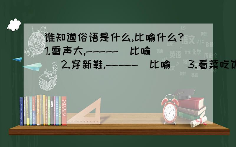 谁知道俗语是什么,比喻什么?1.雷声大,-----(比喻 )2.穿新鞋,-----(比喻 )3.看菜吃饭,-----(比喻 )4.长他人志气,-----(比喻 )5.太岁头上动土,-----(比喻 )6.人往高处走,-----(比喻 )注: