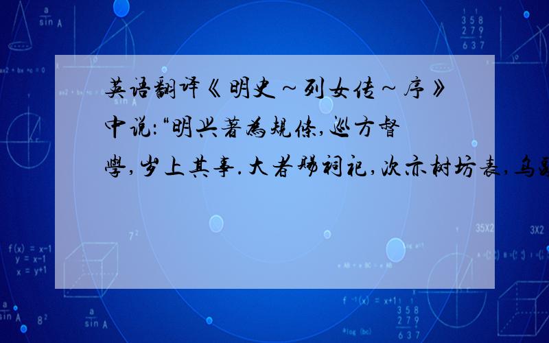 英语翻译《明史～列女传～序》中说：“明兴著为规条,巡方督学,岁上其事.大者赐祠祀,次亦树坊表,乌头绰楔,照耀井闾,乃至于僻址下户之女,亦能以贞白自砥.其著于实录及郡邑志者,不下万余