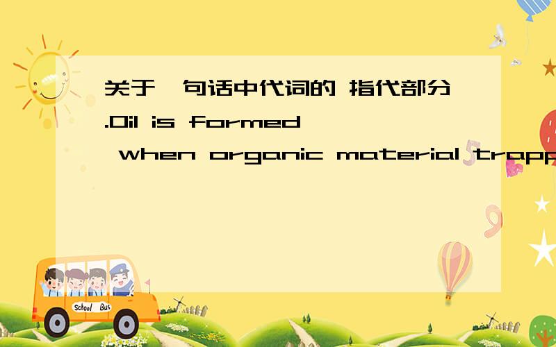 关于一句话中代词的 指代部分.Oil is formed when organic material trapped in sediments is slowly buried and subjected to increased temperatures and pressures,transforming it into petroleum.请问这句话 中 into 前面那个 it 是指代