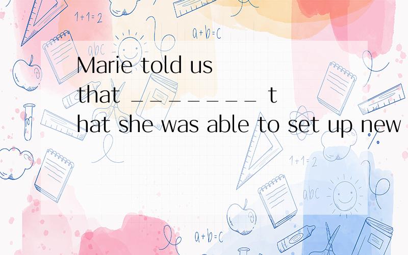 Marie told us that _______ that she was able to set up new branches elsewhere.A.so successful her business wasB.so suggessful was her businessc.sugh suggessful business had sheD.so her business was uggessful正确答案and ABCD的理由.