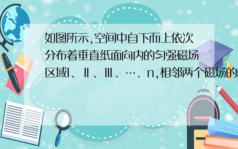 如图所示,空间中自下而上依次分布着垂直纸面向内的匀强磁场区域I、Ⅱ、Ⅲ．…．n,相邻两个磁场的间距均为a=1.2m．一边长L=0.2m、质量m=0.5kg、电组R=0.01Ω的正方形导线框,与质量M=2kg的物块通