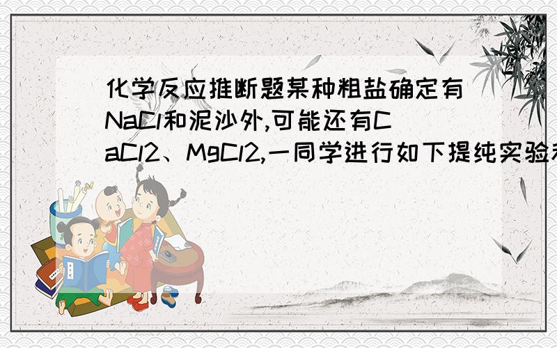 化学反应推断题某种粗盐确定有NaCl和泥沙外,可能还有CaCl2、MgCl2,一同学进行如下提纯实验和实验和验证,步骤见下图.请回答：（1）步骤①、②、④的实验操作中均会用到的玻璃仪器是什么___