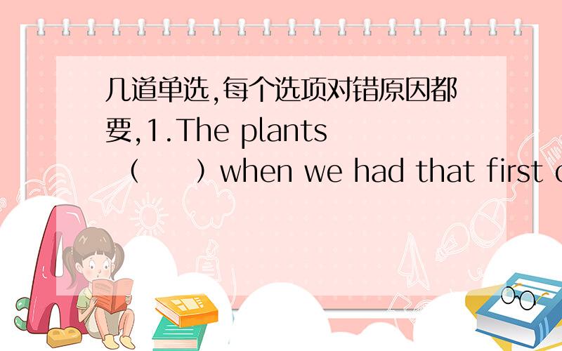 几道单选,每个选项对错原因都要,1.The plants （　　）when we had that first cold spell (寒潮).A.died away B.died back C.died off D.died down2The king ( )him that he should return.A.desired for B.desired of C.desired by D.desired at3