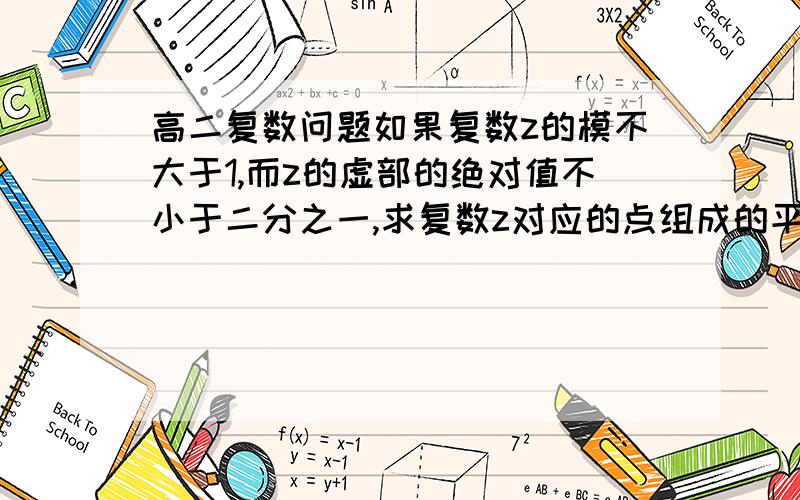 高二复数问题如果复数z的模不大于1,而z的虚部的绝对值不小于二分之一,求复数z对应的点组成的平面图形面积为多少?过程！不懂