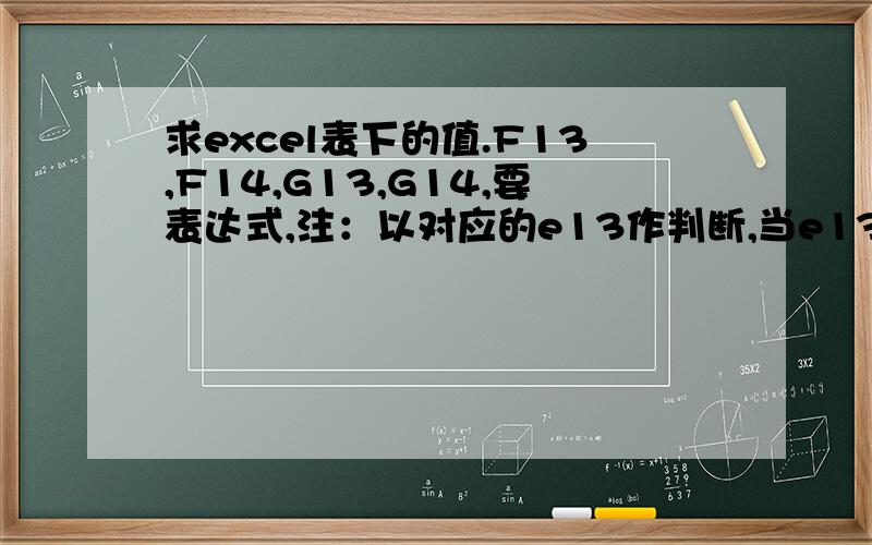 求excel表下的值.F13,F14,G13,G14,要表达式,注：以对应的e13作判断,当e13=b,f13=c13/d13,则g13=0;        以对应的e14作判断,当e14=s,f14=0,则g14=c14/d14;求那四个单元格的表达式,如何输入?因为是数据很多,不可