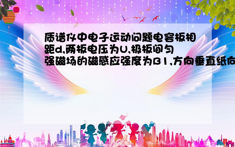 质谱仪中电子运动问题电容板相距d,两板电压为U,极板间匀强磁场的磁感应强度为B1,方向垂直纸向外,一束电量相同质量不同的带正电的粒子沿电容器的中线平行于极板射入另一电容器,匀强磁