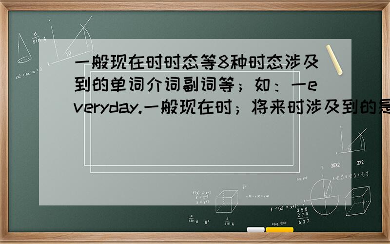 一般现在时时态等8种时态涉及到的单词介词副词等；如：一everyday.一般现在时；将来时涉及到的是will等八种.注：态涉及到的单词介词副词等全部都要.