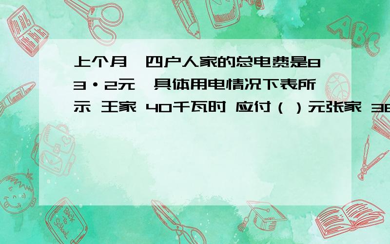 上个月,四户人家的总电费是83·2元,具体用电情况下表所示 王家 40千瓦时 应付（）元张家 38 千瓦时 应付（）元赵家 29千瓦时 应付（）元李家 53千瓦时 应付（）元按每户用电量分摊电费,各