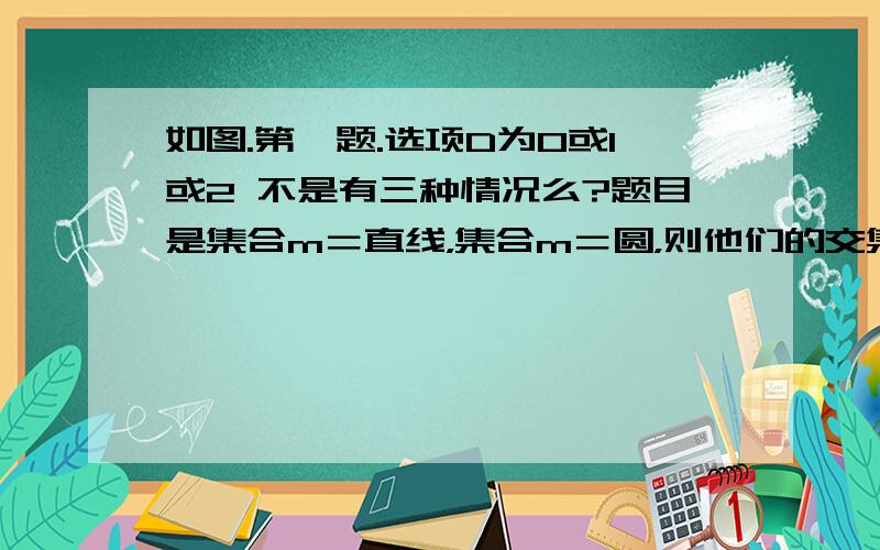 如图.第一题.选项D为0或1或2 不是有三种情况么?题目是集合m＝直线，集合m＝圆，则他们的交集的元素个数。