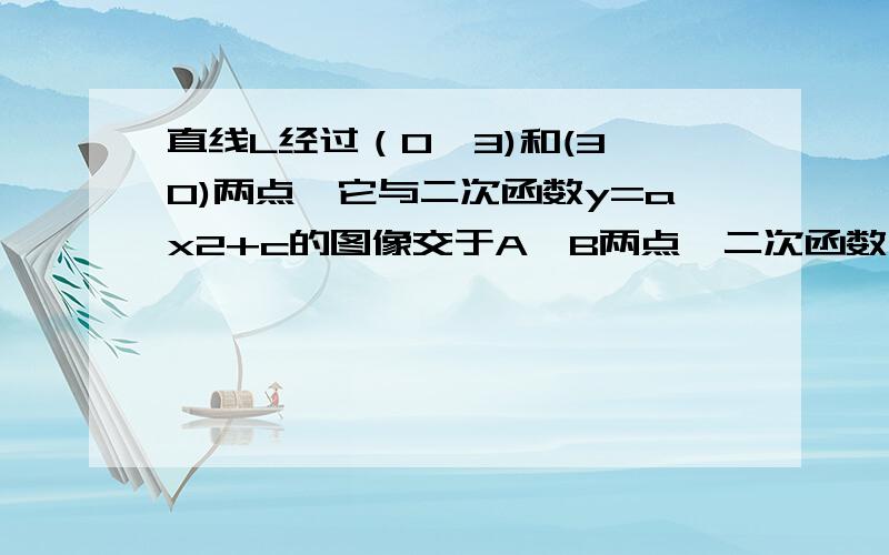 直线L经过（0,3)和(3,0)两点,它与二次函数y=ax2+c的图像交于A,B两点,二次函数 y=ax2+c与y=x2的图像的开口大小和方向完全相同,并且y=ax2+c的定点坐标为（0,1）,求三角形AOB的面积.（题中所有2都为平