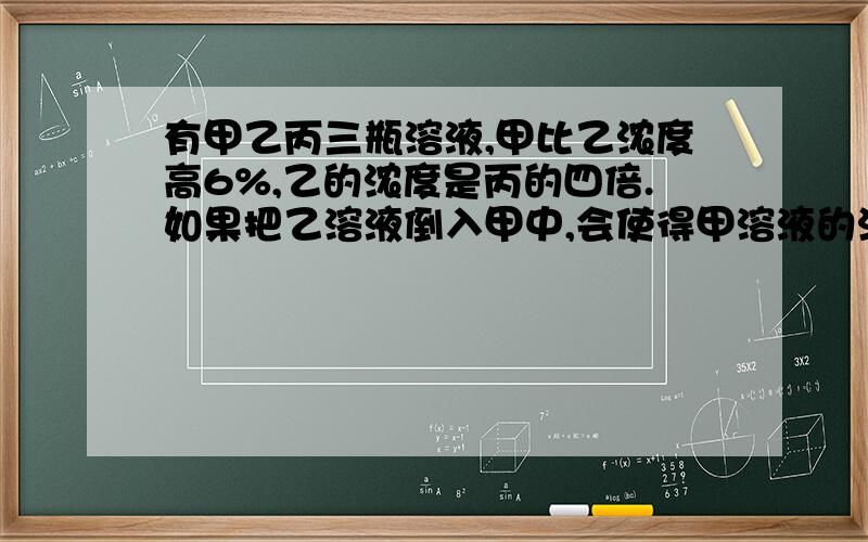 有甲乙丙三瓶溶液,甲比乙浓度高6%,乙的浓度是丙的四倍.如果把乙溶液倒入甲中,会使得甲溶液的浓度下降2.4%,如果把丙溶液倒入乙溶液中,就会使得浓度比原来乙溶液浓度低2.25%,如果把甲丙混