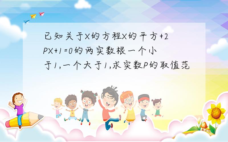 已知关于X的方程X的平方+2PX+1=0的两实数根一个小于1,一个大于1,求实数P的取值范