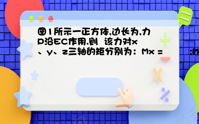 图1所示一正方体,边长为,力P沿EC作用.则  该力对x、y、z三轴的矩分别为：Mx =         ;My =           ; Mz =           ;