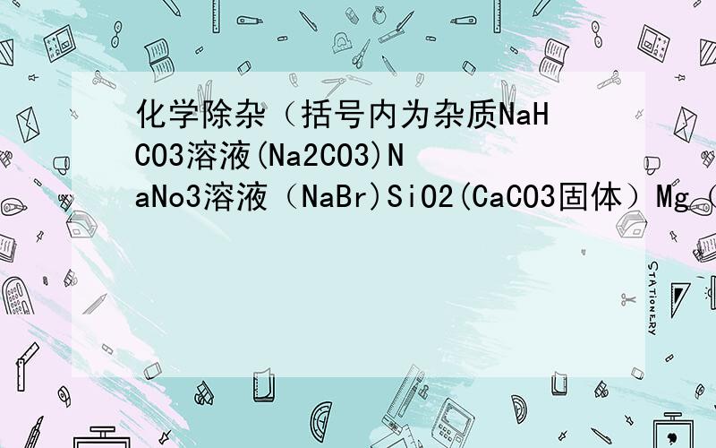 化学除杂（括号内为杂质NaHCO3溶液(Na2CO3)NaNo3溶液（NaBr)SiO2(CaCO3固体）Mg（Al)