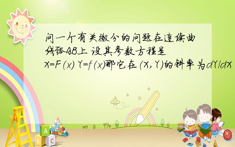 问一个有关微分的问题在连续曲线弧AB上 设其参数方程是 X=F（x） Y=f（x）那它在（X,Y)的斜率为dY/dX = f'(x)/F'(x)这是为什么额?