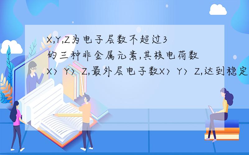X,Y,Z为电子层数不超过3的三种非金属元素,其核电荷数X〉Y〉Z,最外层电子数X〉Y〉Z,达到稳定结构所需的电子数Y〉X〉Z,Y与Z的质子数之和等于Xde核外电子数,由此判断：1.元素符号依次为：X____Y_