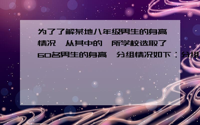 为了了解某地八年级男生的身高情况,从其中的一所学校选取了60名男生的身高,分组情况如下：分组       147.5-155.5        155.5-163.5        163.5-171.5          171.5-179.5频数                6