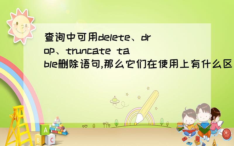 查询中可用delete、drop、truncate table删除语句,那么它们在使用上有什么区别?希望不吝赐教