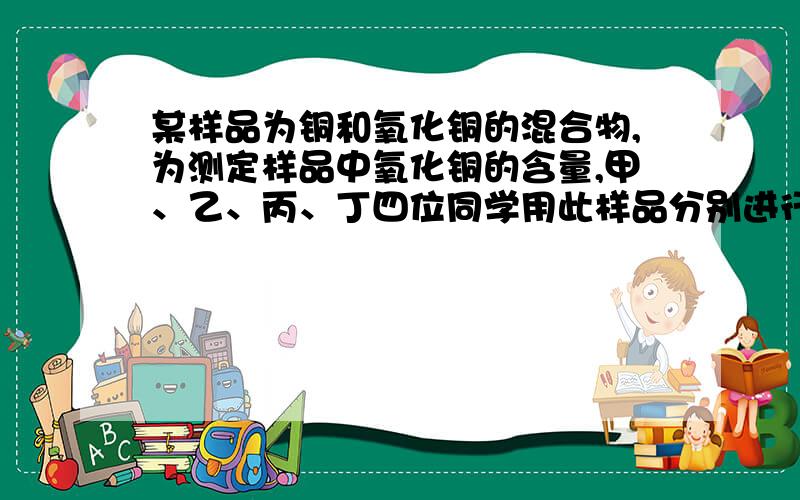 某样品为铜和氧化铜的混合物,为测定样品中氧化铜的含量,甲、乙、丙、丁四位同学用此样品分别进行试验,测定的实验数据如下表：甲 乙 丙 丁所取固体样品质量 30 25 20 20加入稀硫酸质量 100