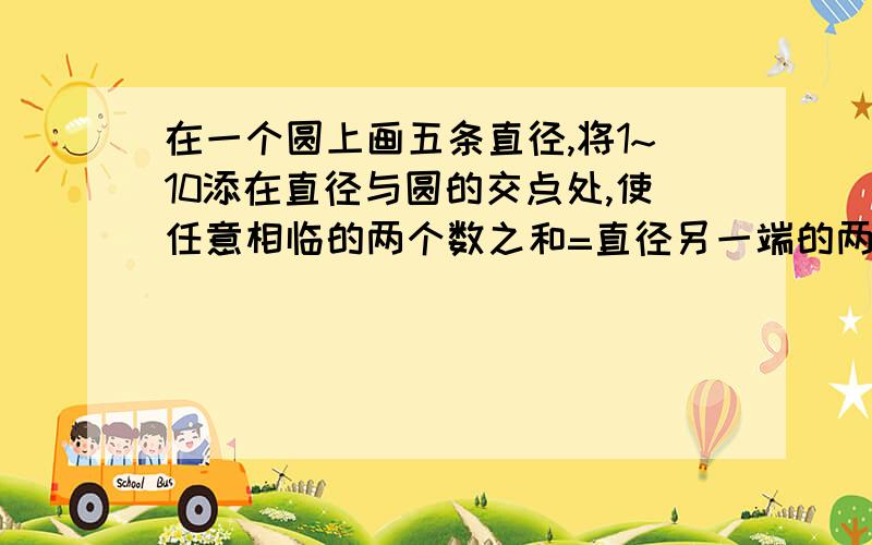 在一个圆上画五条直径,将1~10添在直径与圆的交点处,使任意相临的两个数之和=直径另一端的两个相临数之和.在一个圆上画五条直径,将1~10添在直径与圆的交点处,使任意相临的两个数之和=直