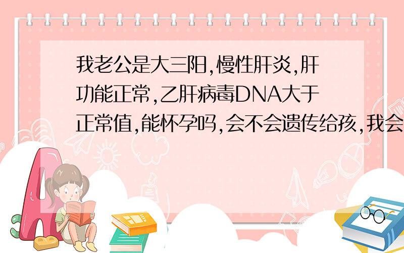 我老公是大三阳,慢性肝炎,肝功能正常,乙肝病毒DNA大于正常值,能怀孕吗,会不会遗传给孩,我会不会被传染,我们决定要做试管了,我不想好不容易生个孩子,不健康.我虽然有抗体,可是E抗体和核