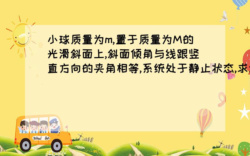 小球质量为m,置于质量为M的光滑斜面上,斜面倾角与线跟竖直方向的夹角相等,系统处于静止状态,求斜面对地面压力的大小