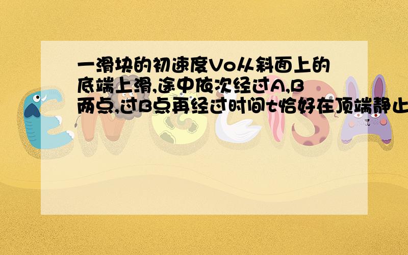 一滑块的初速度Vo从斜面上的底端上滑,途中依次经过A,B两点,过B点再经过时间t恰好在顶端静止,已知Vo=4m/s,AB=0.75m,t=0.5s,A点速度是B点速度的2倍,求斜面的长度L