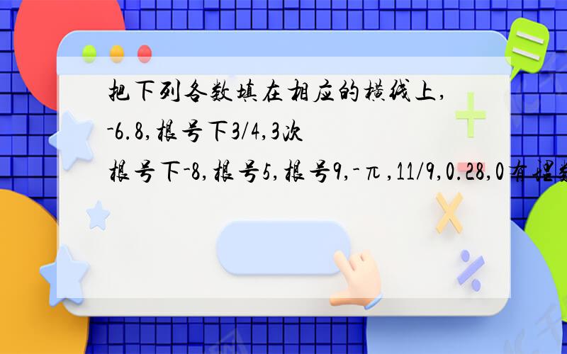 把下列各数填在相应的横线上,-6.8,根号下3/4,3次根号下-8,根号5,根号9,-π,11/9,0.28,0有理数：无理数：正实数：负实数：