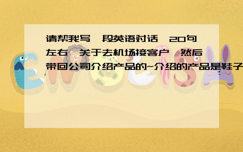 请帮我写一段英语对话,20句左右,关于去机场接客户,然后带回公司介绍产品的~介绍的产品是鞋子~本人英语很烂,最好用简单点的句式