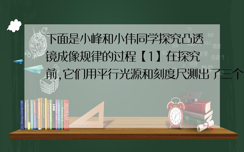 下面是小峰和小伟同学探究凸透镜成像规律的过程【1】在探究前,它们用平行光源和刻度尺测出了三个凸透镜的焦距分别为50㎝,15㎝和4㎝,于是他们选择了焦距为15㎝的凸透镜,其余两个不用,你