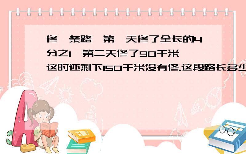 修一条路,第一天修了全长的4分之1,第二天修了90千米,这时还剩下150千米没有修.这段路长多少