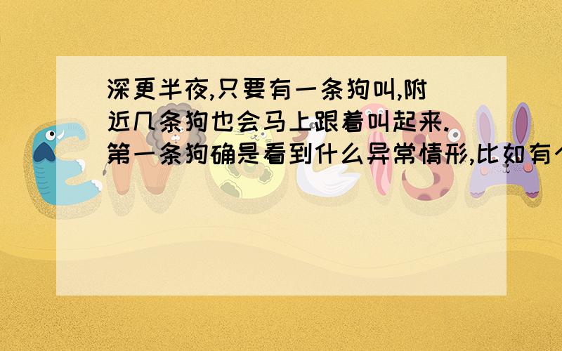 深更半夜,只要有一条狗叫,附近几条狗也会马上跟着叫起来.第一条狗确是看到什么异常情形,比如有个人行或人影闪过,所以警觉地狂吠.其余的狗之所以叫是冲着第一条狗的吠声而叫,两者是有