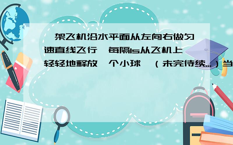 一架飞机沿水平面从左向右做匀速直线飞行,每隔1s从飞机上轻轻地释放一个小球,（未完待续...）当两个小球从空中落下,且均未落至地面时,若不计空气阻力,则这两只小球在空中的排列情况应