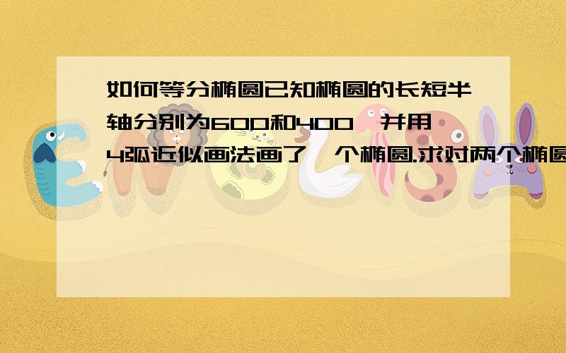 如何等分椭圆已知椭圆的长短半轴分别为600和400,并用4弧近似画法画了一个椭圆.求对两个椭圆进行20等分.要求是相邻的每个等分点间的直线距离相同.