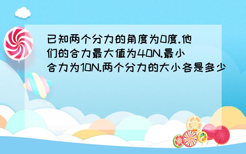 已知两个分力的角度为0度.他们的合力最大值为40N.最小合力为10N.两个分力的大小各是多少