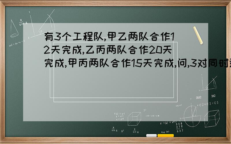 有3个工程队,甲乙两队合作12天完成,乙丙两队合作20天完成,甲丙两队合作15天完成,问,3对同时进行需要多久?