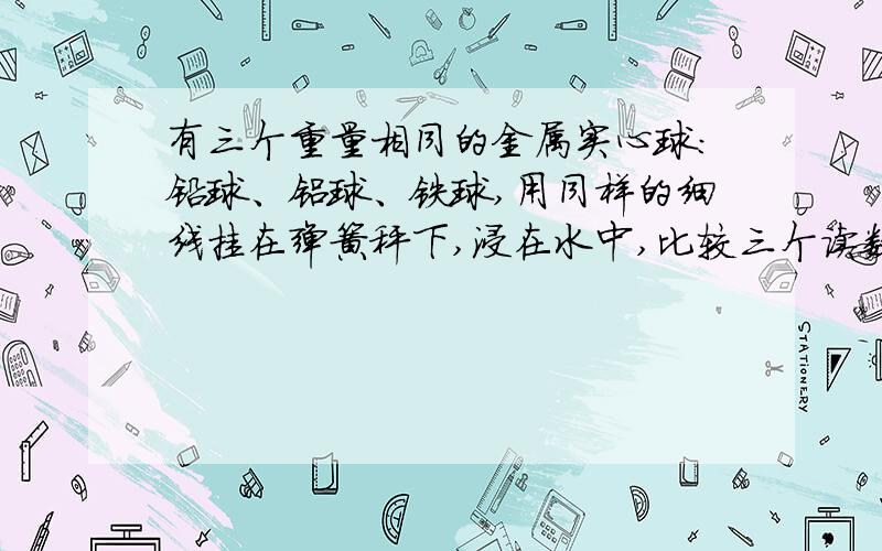 有三个重量相同的金属实心球：铅球、铝球、铁球,用同样的细线挂在弹簧秤下,浸在水中,比较三个读数,哪个球的读数大?A、铁球 B、铅球 C、铝球 D、一样大一楼，你怎么说铅的密度最小？